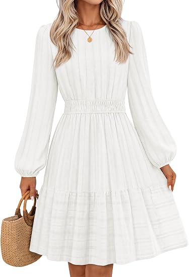 Women's Fall Long Puff Sleeve Casual Boho Flowy Dress | Crew Neck, Elastic Waist, Tiered Ruffle Hem, Cotton A Line Mini Vacation Dresses, Bridal Shower, Cocktail Date Night Outfits