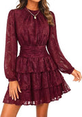 Womens Long Sleeve Lace Mini Dress Wedding Guest Dresses | Cut Out, High Waist, Ruffle Design, Tiered Smocked, Mesh, Layer, Button Back, Night Out, Fall Winter