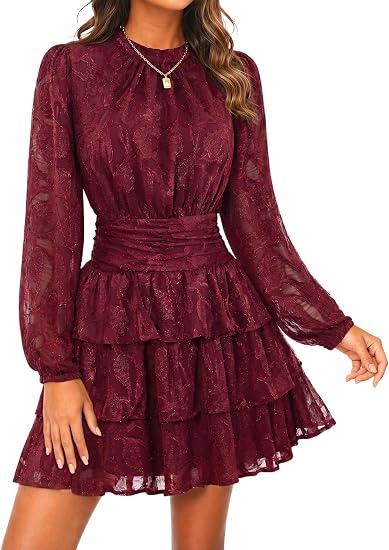 Womens Long Sleeve Lace Mini Dress Wedding Guest Dresses | Cut Out, High Waist, Ruffle Design, Tiered Smocked, Mesh, Layer, Button Back, Night Out, Fall Winter