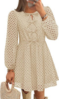 Womens Fall Cute Hollow Out Long Sleeve Mini Dress | Crewneck, Tie Front, Eyelet Babydoll Dress, A-Line Short Dress, Casual Party Dress