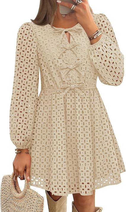 Womens Fall Cute Hollow Out Long Sleeve Mini Dress | Crewneck, Tie Front, Eyelet Babydoll Dress, A-Line Short Dress, Casual Party Dress