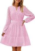 Womens Fall Long Sleeve Eyelet Embroidery Mini Dress | V Neck, Hollow Out, High Waist, Ruffle Flowy, A Ling Swing, 2026 Elegant Trendy, Casual Beach Vacation, Cute Date Daily Wear