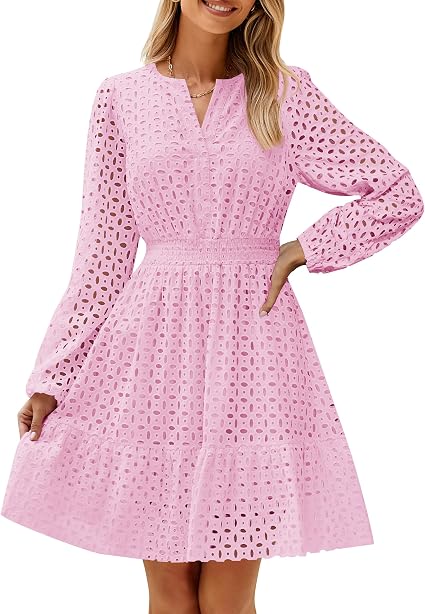 Womens Fall Long Sleeve Eyelet Embroidery Mini Dress | V Neck, Hollow Out, High Waist, Ruffle Flowy, A Ling Swing, 2026 Elegant Trendy, Casual Beach Vacation, Cute Date Daily Wear